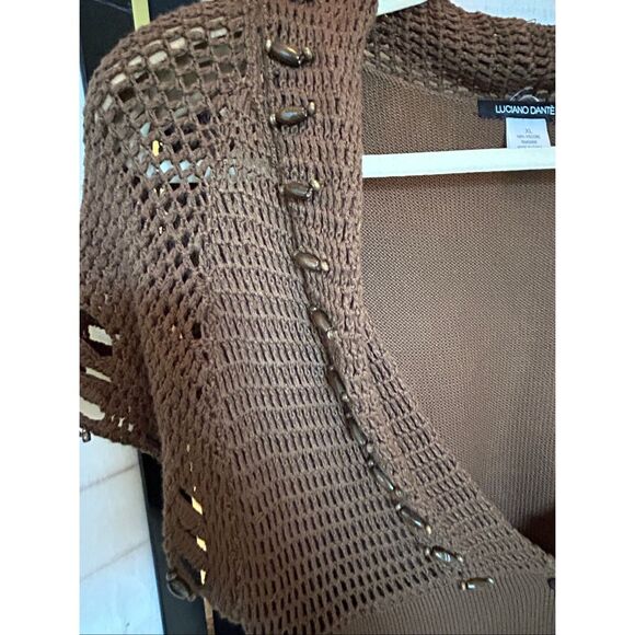 Luciano Dante Brown Knit Beaded Boho Crochet Short Sleeve Button Sweater Top XL - Picture 4 of 10